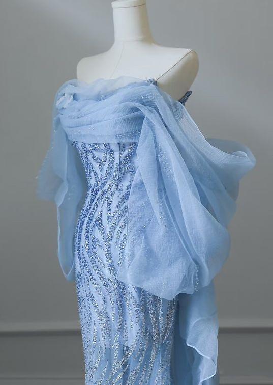 Sky Blue Mermaid Strapless Tulle Beaded Long Prom Dress Elegant Evening Dress ED01661