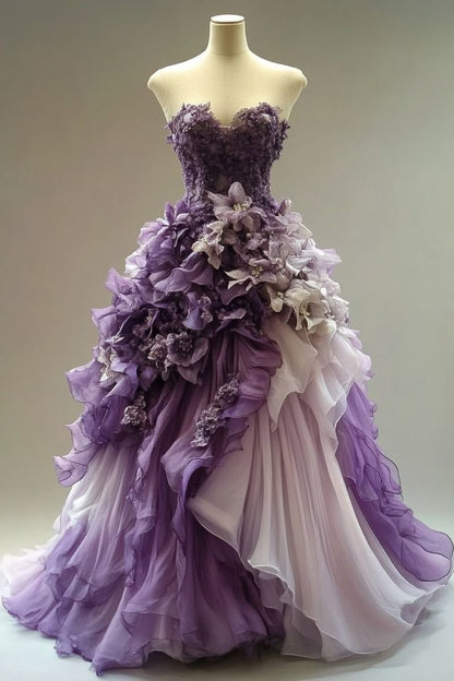 Vintage Purple A-Line Sweetheart Neck Chiffon Beading Long Prom Dress Applique Evening Dress ED01663