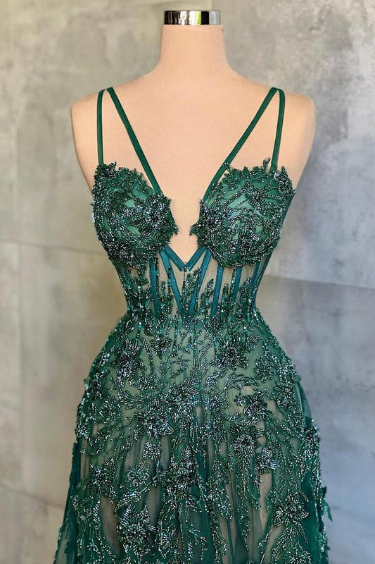 Dark Green A-Line Spaghetti Strap Tulle Beads Long Prom Dress With Appliques ED01665