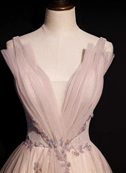 Pink A-Line V-neck Glitter Tulle with Beaded Long Prom Dress Adult Ceremony Evening Dress HZ1024