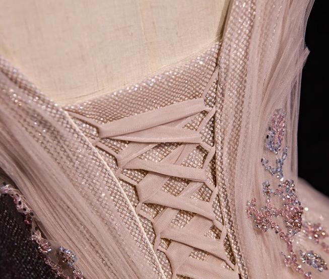 Pink A-Line V-neck Glitter Tulle with Beaded Long Prom Dress Adult Ceremony Evening Dress HZ1024