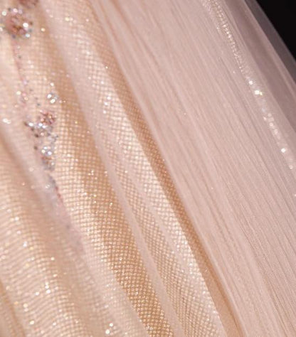 Pink A-Line V-neck Glitter Tulle with Beaded Long Prom Dress Adult Ceremony Evening Dress HZ1024