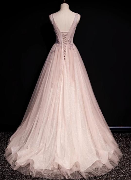 Pink A-Line V-neck Glitter Tulle with Beaded Long Prom Dress Adult Ceremony Evening Dress HZ1024