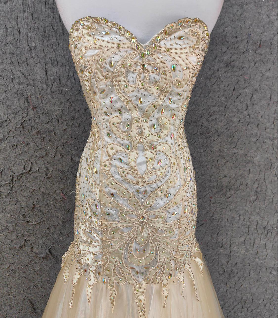 Champagne Mermaid Sweetheart Neck Beaded Tulle Long Ball Dress Vintage Evening Dress HZ1024