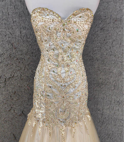Champagne Mermaid Sweetheart Neck Beaded Tulle Long Ball Dress Vintage Evening Dress HZ1024