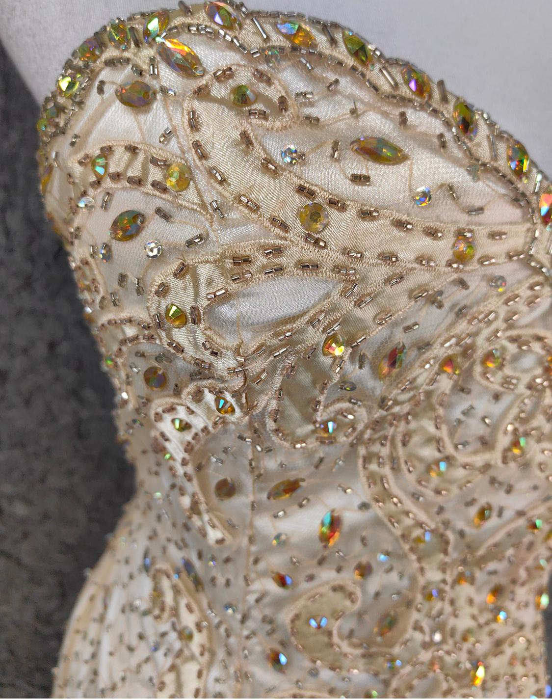 Champagne Mermaid Sweetheart Neck Beaded Tulle Long Ball Dress Vintage Evening Dress HZ1024
