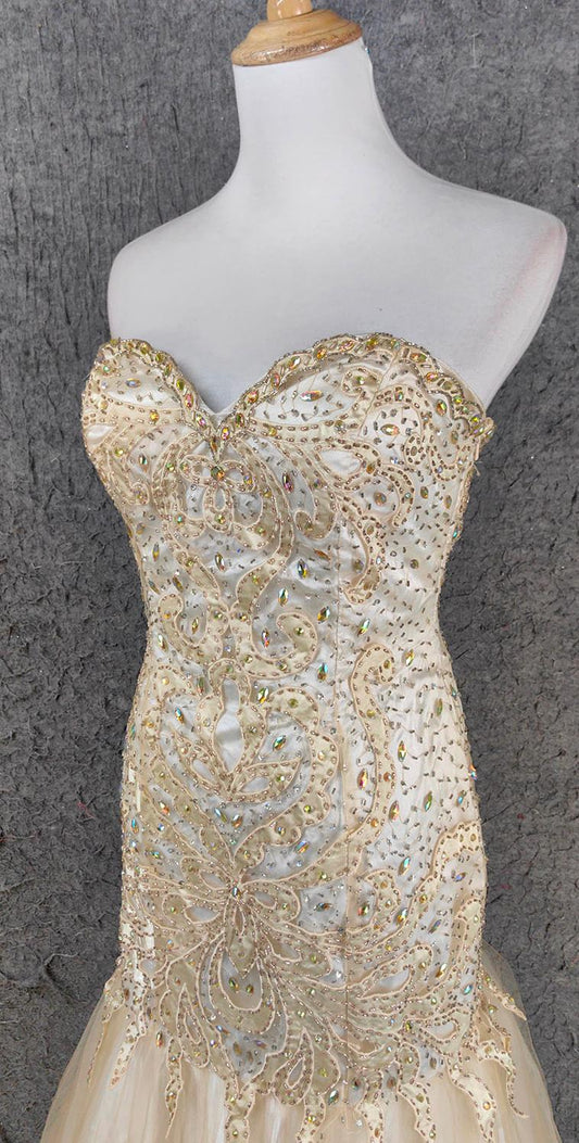 Champagne Mermaid Sweetheart Neck Beaded Tulle Long Ball Dress Vintage Evening Dress HZ1024