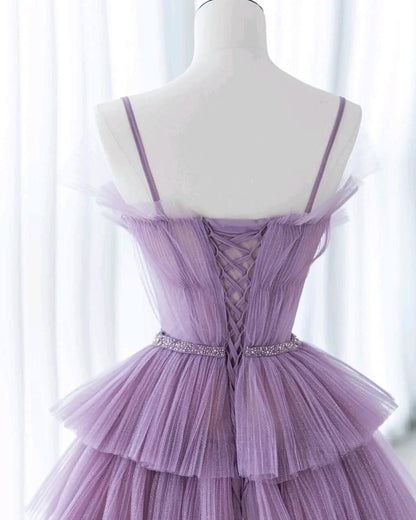 Gradient Purple A-Line Spaghetti Strap Tulle Sequin Long Prom Dresses for Birthday&Graduation ED01672