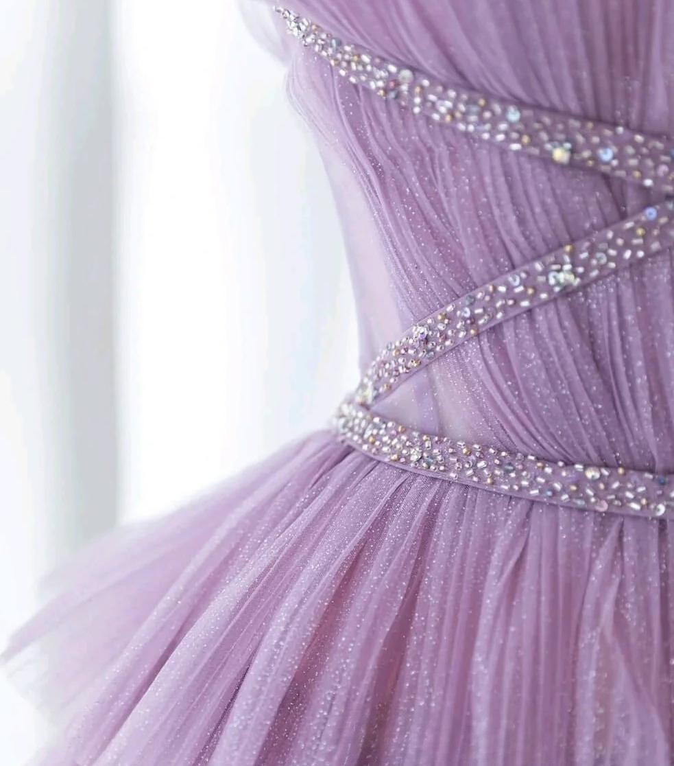 Gradient Purple A-Line Spaghetti Strap Tulle Sequin Long Prom Dresses for Birthday&Graduation ED01672