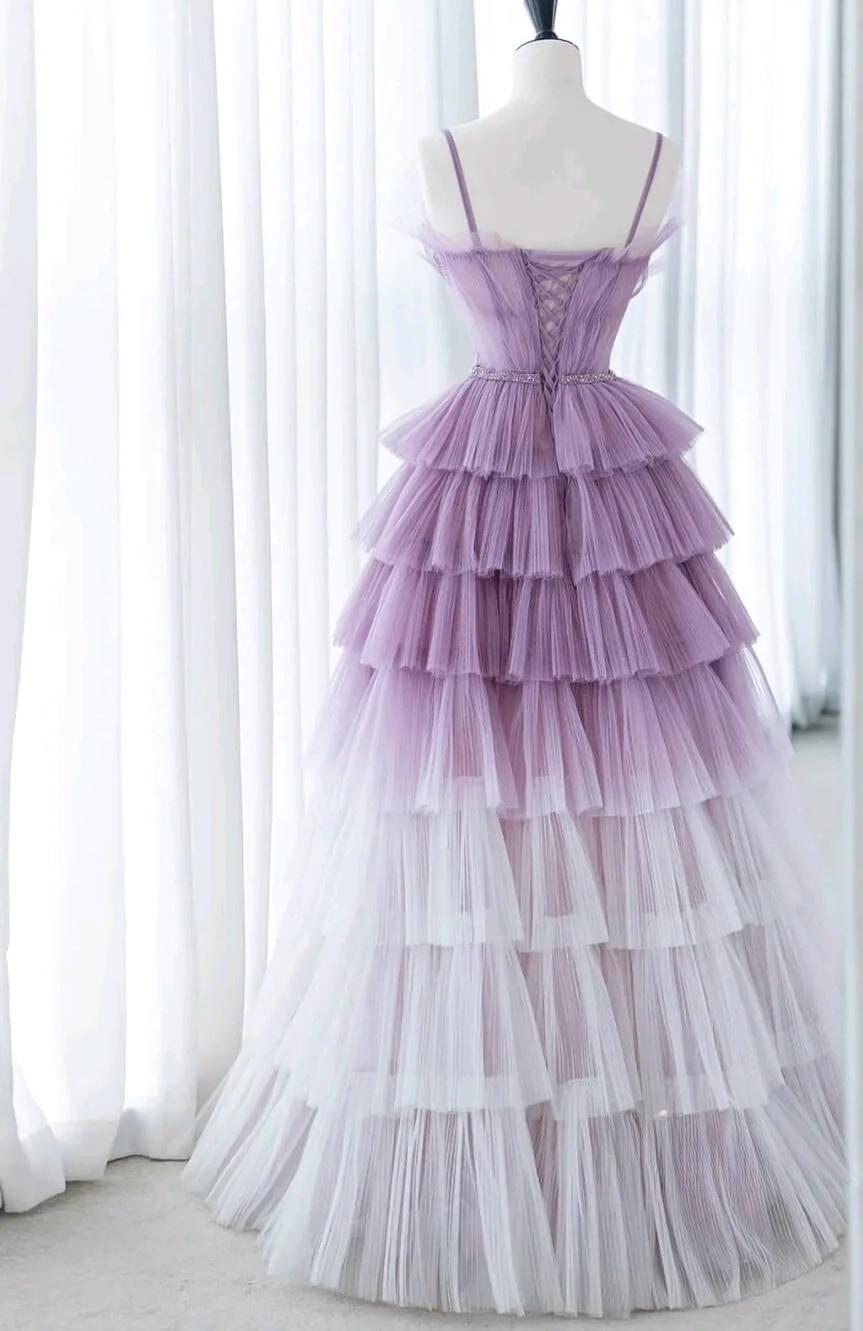 Gradient Purple A-Line Spaghetti Strap Tulle Sequin Long Prom Dresses for Birthday&Graduation ED01672