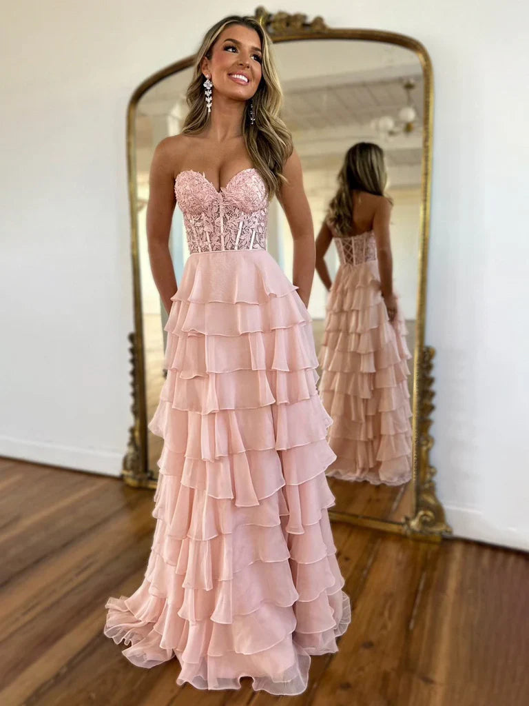 A-Line Sweetheart Neck Chiffon Lace Blue Long Prom Dress, Blue Long Graduation Dress ED01677