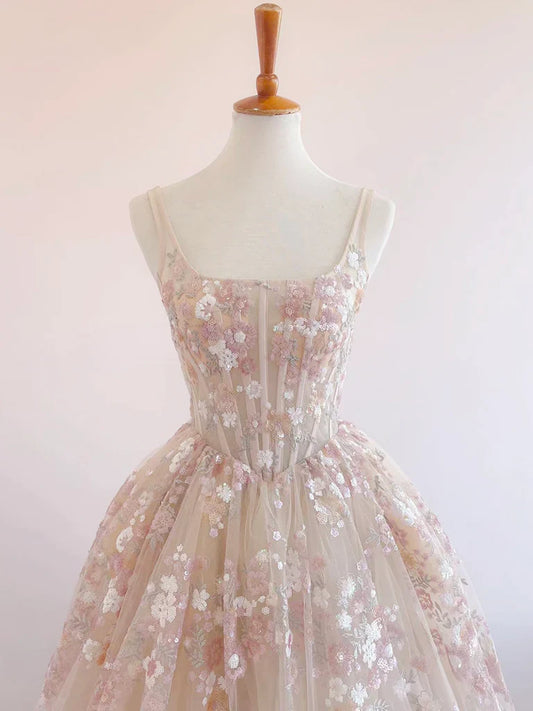 Sweet Light Champagne A-Line Tulle Sequin Applique Long Prom Dress Formal Evening Gowns ED01678