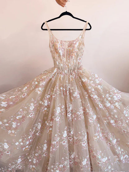 Sweet Light Champagne A-Line Tulle Sequin Applique Long Prom Dress Formal Evening Gowns ED01678