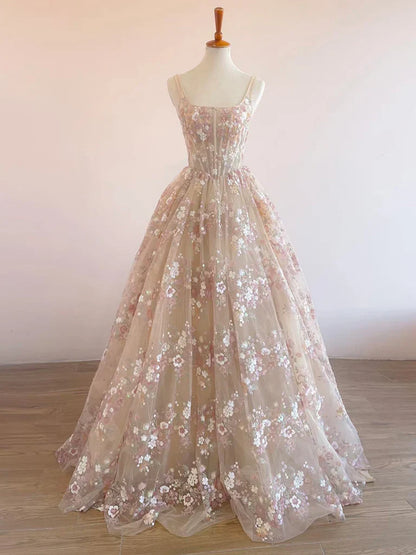 Sweet Light Champagne A-Line Tulle Sequin Applique Long Prom Dress Formal Evening Gowns ED01678