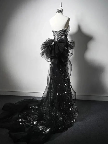 Silver Mermaid Strapless Sequin Tulle Long Prom Dress Formal Evening Dress HZ1024