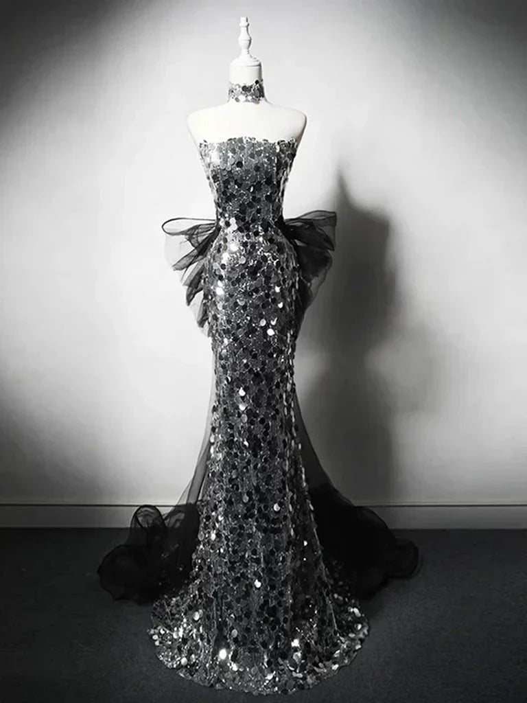 Silver Mermaid Strapless Sequin Tulle Long Prom Dress Formal Evening Dress HZ1024