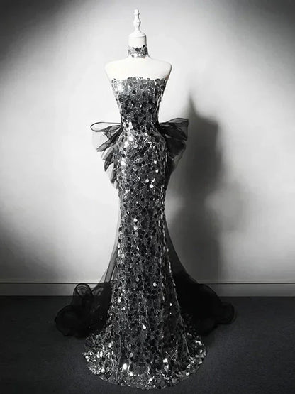 Silver Mermaid Strapless Sequin Tulle Long Prom Dress Formal Evening Dress HZ1024
