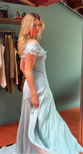 Elegant Blue A-Line Off-shoulder Long Prom Dresses Vintage Satin Chiffon Formal Evening Dresses ED01681
