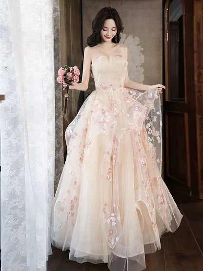 A-Line Tulle Sequins Long Prom Dress Embroidery Applique Formal Evening Dress HZ1024