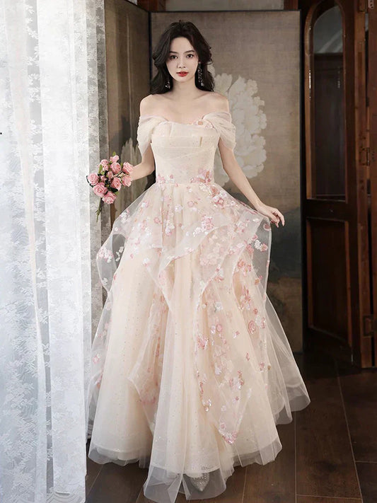 A-Line Tulle Sequins Long Prom Dress Embroidery Applique Formal Evening Dress HZ1024