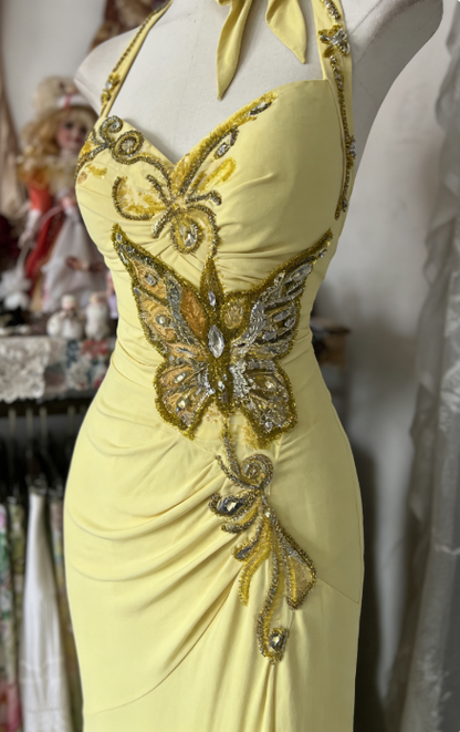 Elegant Yellow Mermaid Formal Dresses Halter Sequin Diamond Long Prom Dress Birthday Party Outfit ED01686