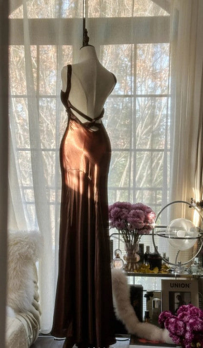 Chocolate Mermaid Sweetheart Neck Satin Long Prom Dress Elegant Evening Gown HZ1024
