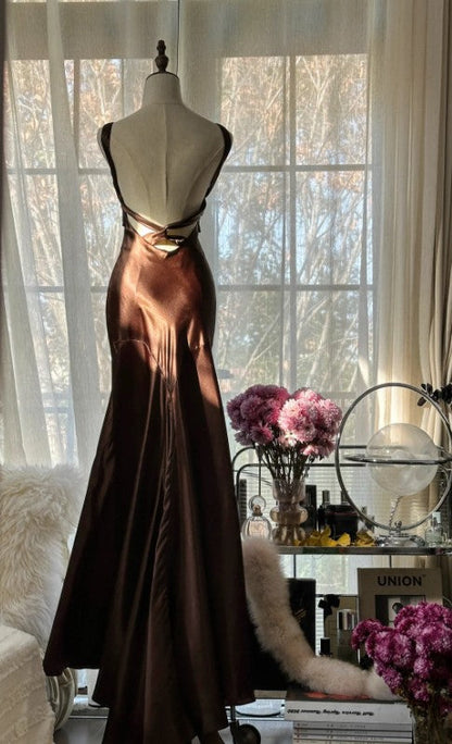 Chocolate Mermaid Sweetheart Neck Satin Long Prom Dress Elegant Evening Gown HZ1024