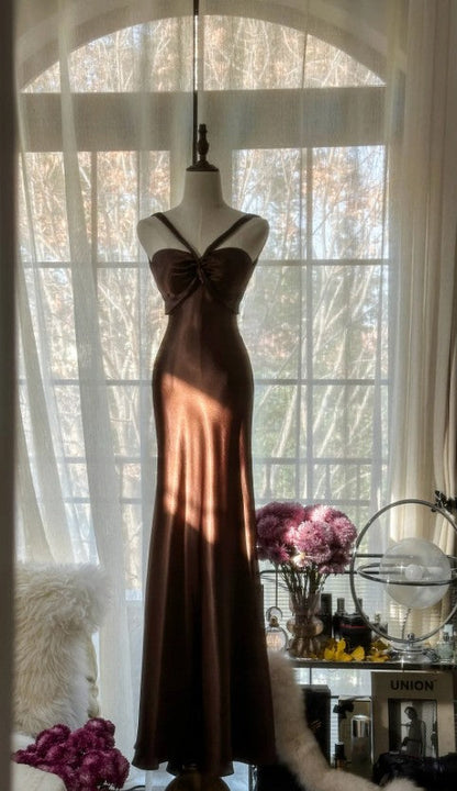 Chocolate Mermaid Sweetheart Neck Satin Long Prom Dress Elegant Evening Gown HZ1024