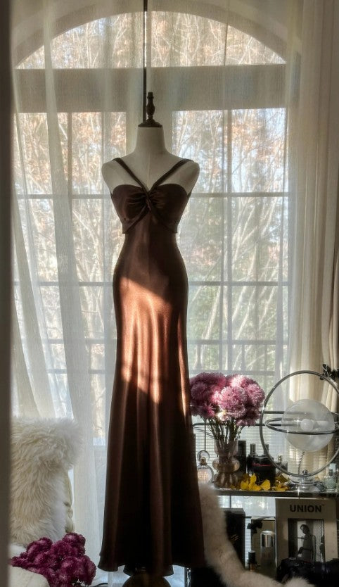 Chocolate Mermaid Sweetheart Neck Satin Long Prom Dress Elegant Evening Gown HZ1024