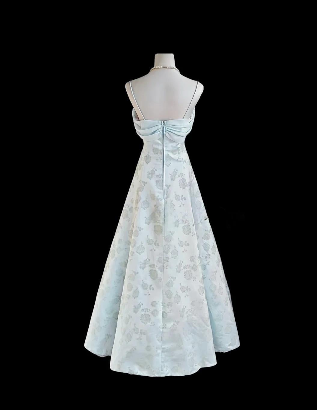 Blue A-Line Spaghetti Strap Satin Chiffon Long Prom Dress Birthday Dress Graduation Prom Dress HZ1024