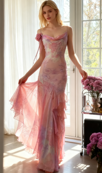 Vintage Pink Spaghetti Strap Mermaid Party Dresses  Fairytale Chiffon Beaded Long Prom Dresses  ED01690