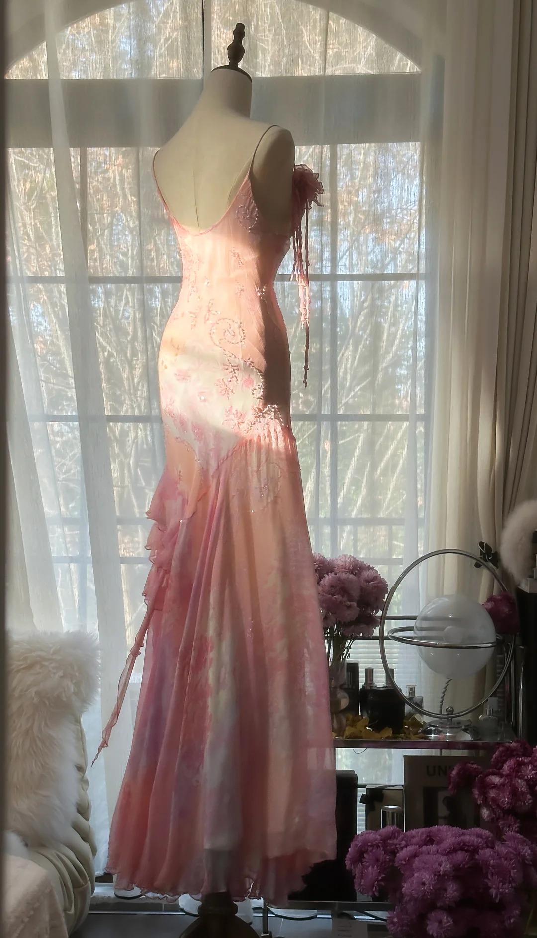 Vintage Pink Spaghetti Strap Mermaid Party Dresses  Fairytale Chiffon Beaded Long Prom Dresses  ED01690