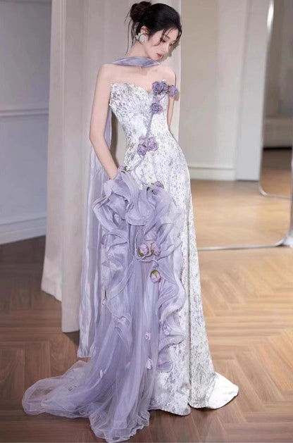 Elegant Purple Mermaid Strapless Satin Tulle Long Prom Dress Applique Evening Gown ED01693