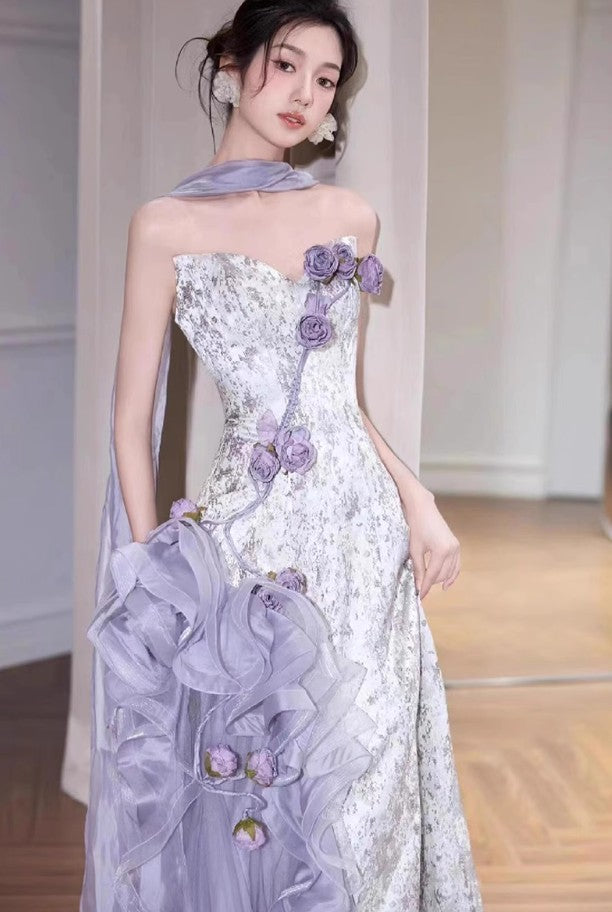 Elegant Purple Mermaid Strapless Satin Tulle Long Prom Dress Applique Evening Gown ED01693