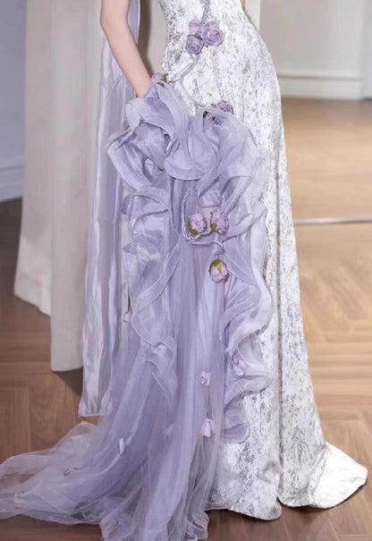 Elegant Purple Mermaid Strapless Satin Tulle Long Prom Dress Applique Evening Gown ED01693