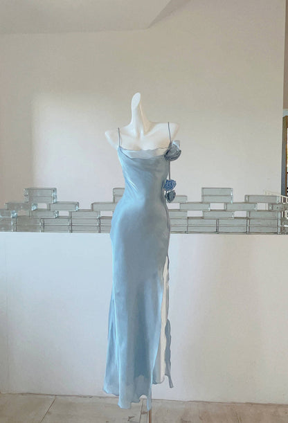 Blue Bodycon Dress Spaghetti Strap Chiffon Long Prom Dress Graduation Prom Dress HZ1024