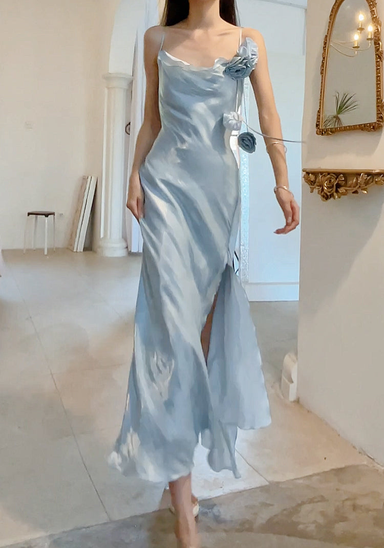 Blue Bodycon Dress Spaghetti Strap Chiffon Long Prom Dress Graduation Prom Dress HZ1024