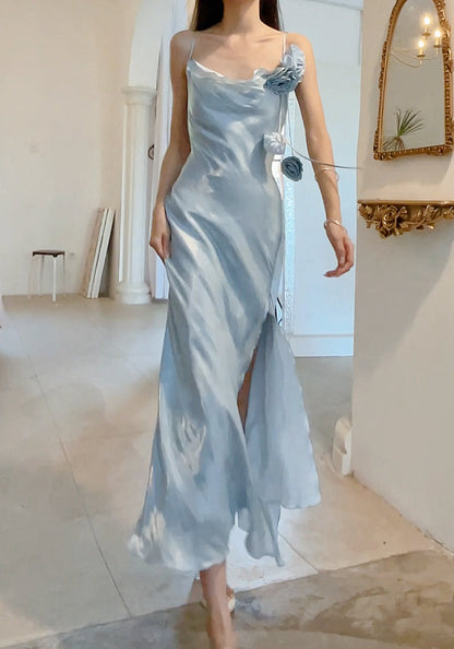 Gentle Blue Bodycon Dress Spaghetti Strap Chiffon Long Prom Dress Graduation Prom Dress ED01694
