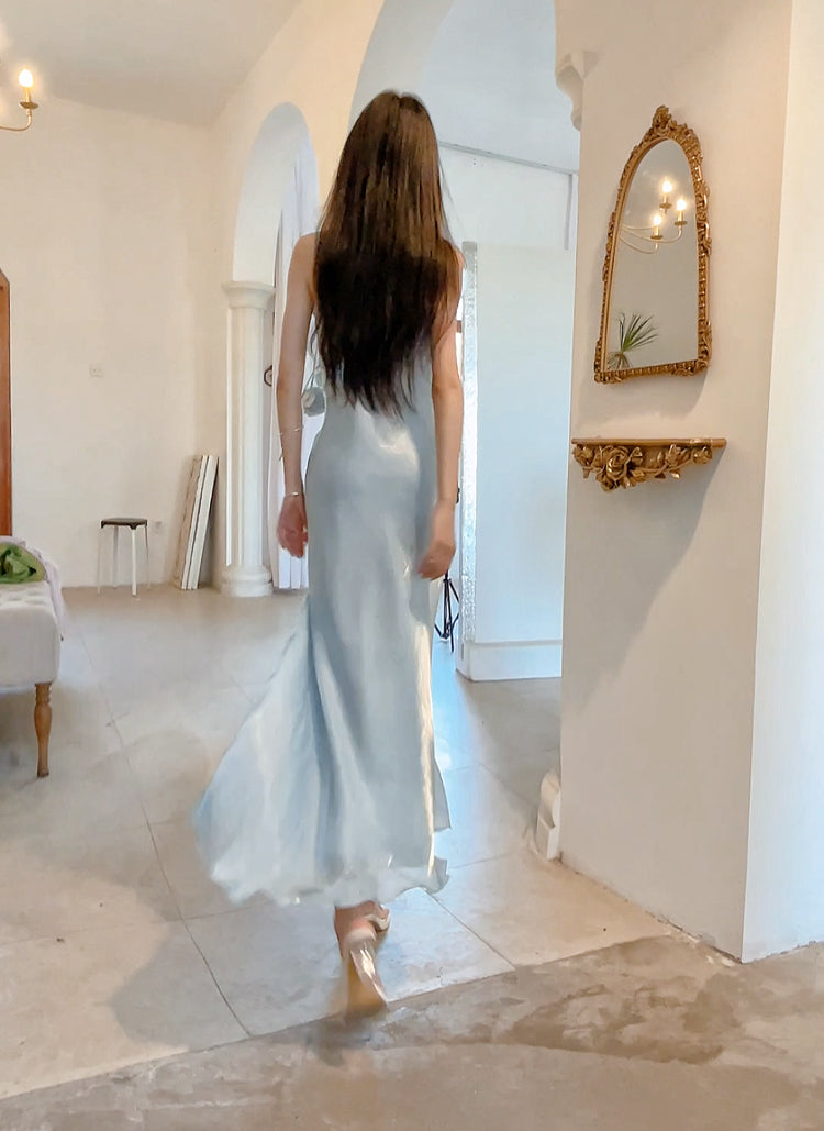 Blue Bodycon Dress Spaghetti Strap Chiffon Long Prom Dress Graduation Prom Dress HZ1024