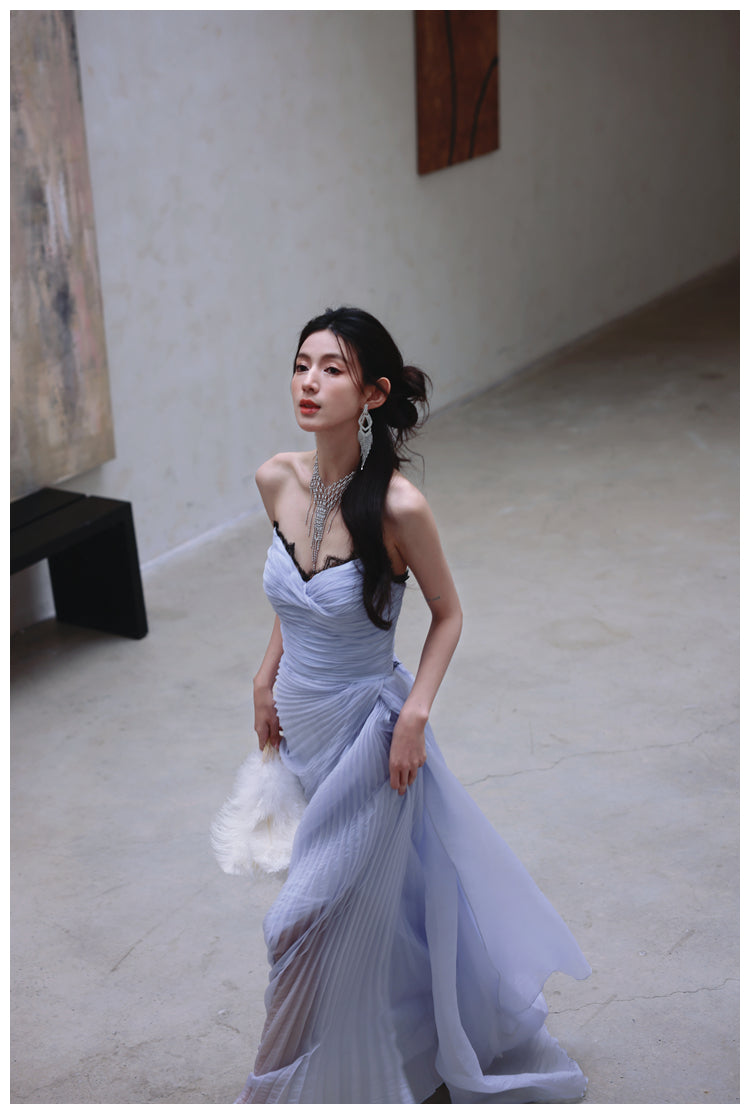 A-Line Strapless Chiffon Pleated Long Prom Dress Chic Lace Graduation Prom Dress HZ1024