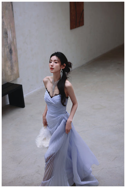A-Line Strapless Chiffon Pleated Long Prom Dress Chic Lace Graduation Prom Dress HZ1024