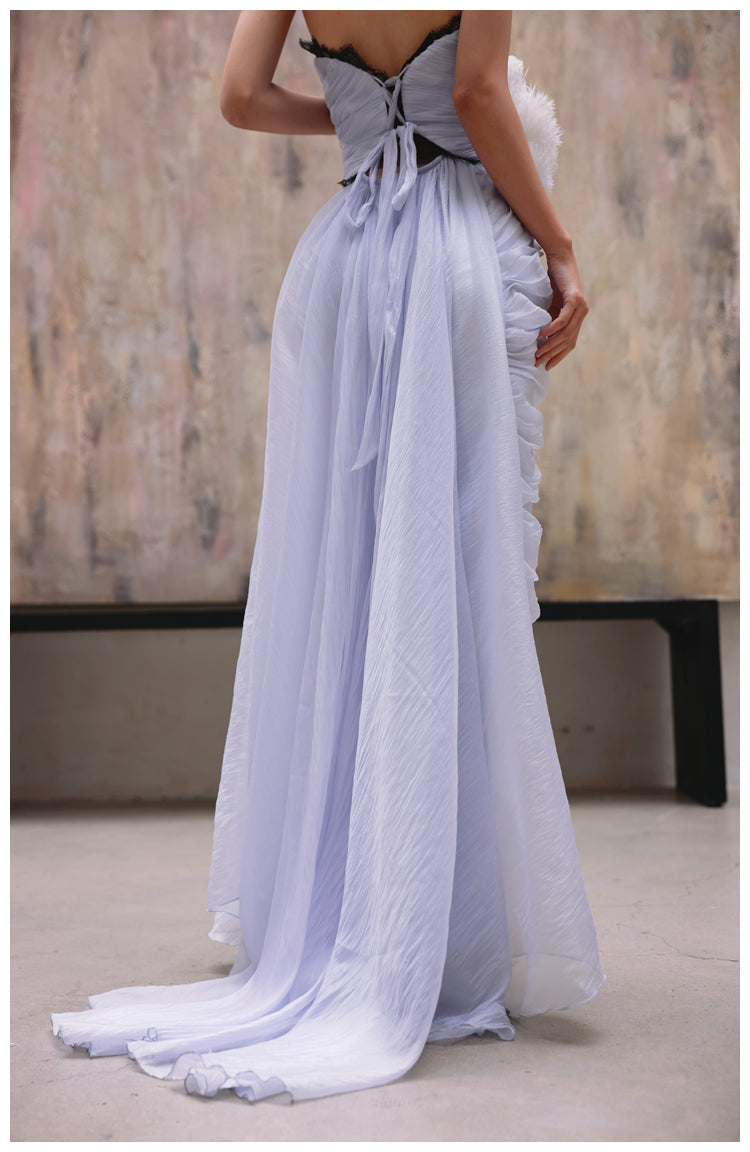 A-Line Strapless Chiffon Pleated Long Prom Dress Chic Lace Graduation Prom Dress HZ1024