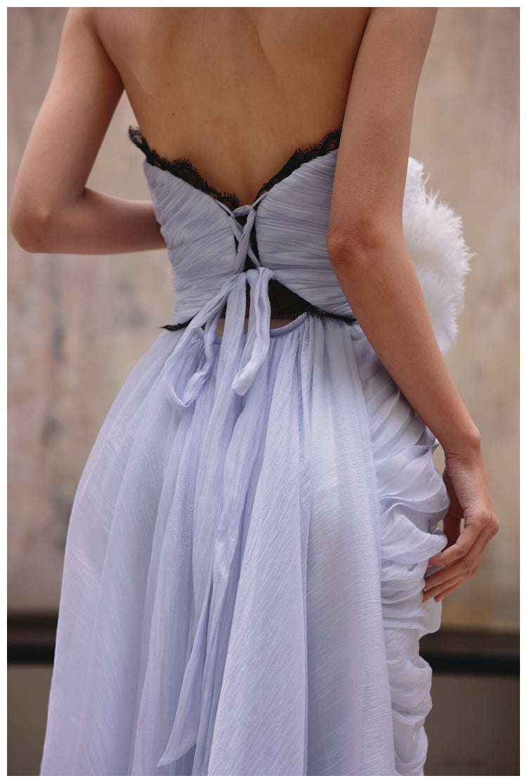 A-Line Strapless Chiffon Pleated Long Prom Dress Chic Lace Graduation Prom Dress HZ1024