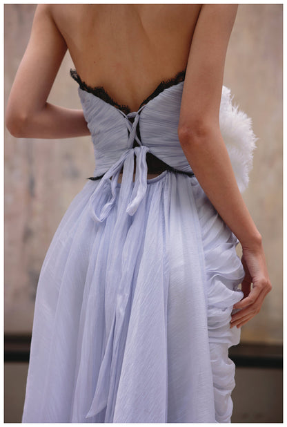 A-Line Strapless Chiffon Pleated Long Prom Dress Chic Lace Graduation Prom Dress HZ1024