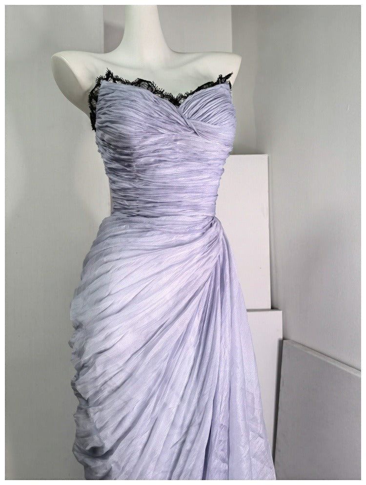 A-Line Strapless Chiffon Pleated Long Prom Dress Chic Lace Graduation Prom Dress HZ1024