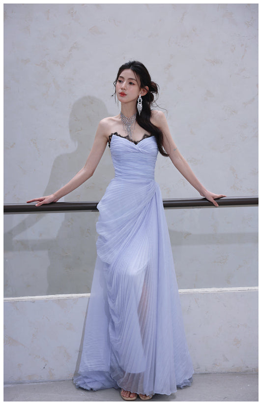 Purple A-Line Strapless Chiffon Pleated Long Prom Dress Chic Lace Graduation Prom Dress ED01695