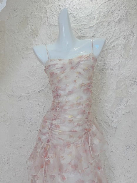 French Floral Dress Suspender Chiffon Long Dress ED01699