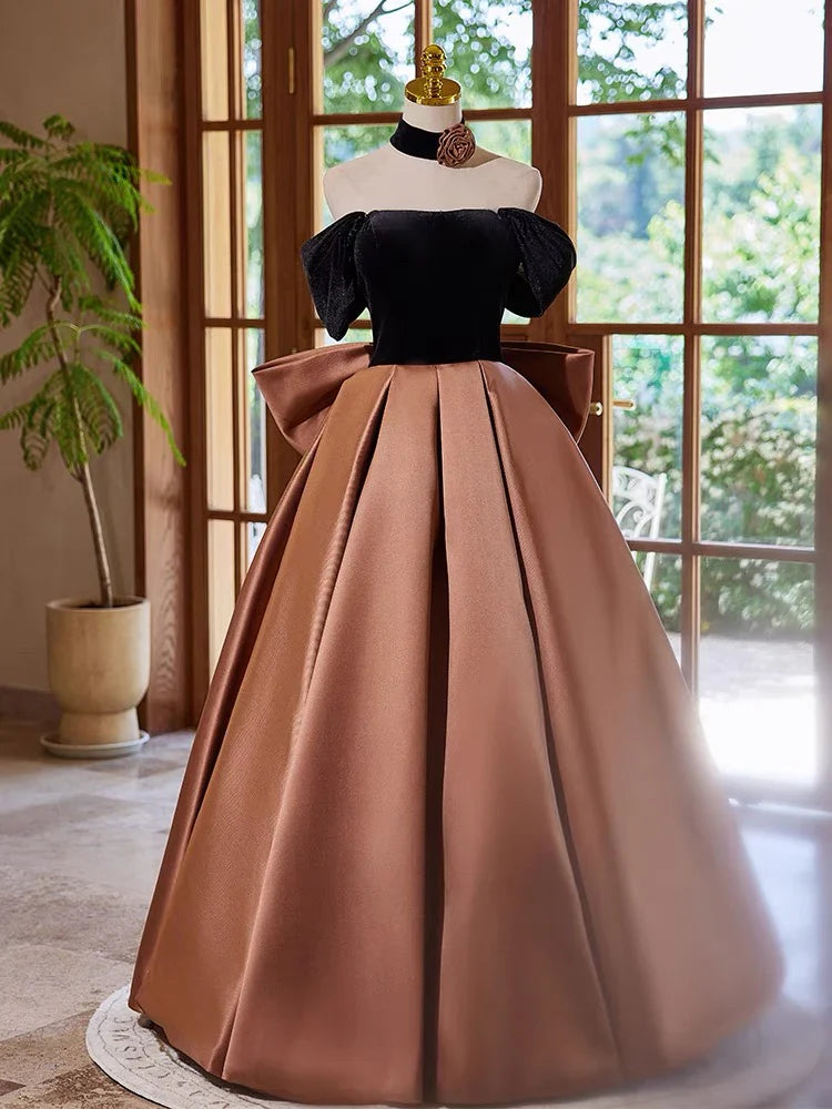 A-Line Off Shouder Satin Brown Long Prom Dress, Brown Long Formal Dress ED016
