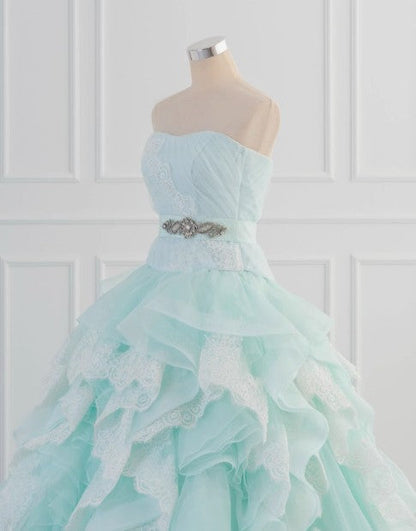 Blue A-Line Strapless Tulle Lace Long Prom Dress Vintage Wedding Dress HZ1024