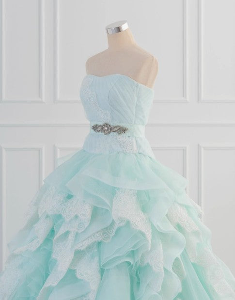 Light Blue A-Line Strapless Tulle Lace Long Prom Dress Vintage Wedding Dress ED01700